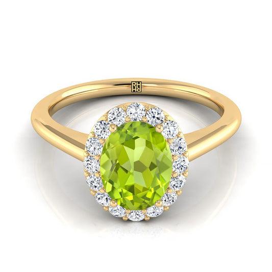 14K Yellow Gold Oval Peridot Shared Prong Diamond Halo Engagement Ring -1/5ctw