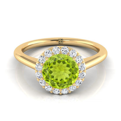 14K Yellow Gold Round Brilliant Peridot Shared Prong Diamond Halo Engagement Ring -1/5ctw