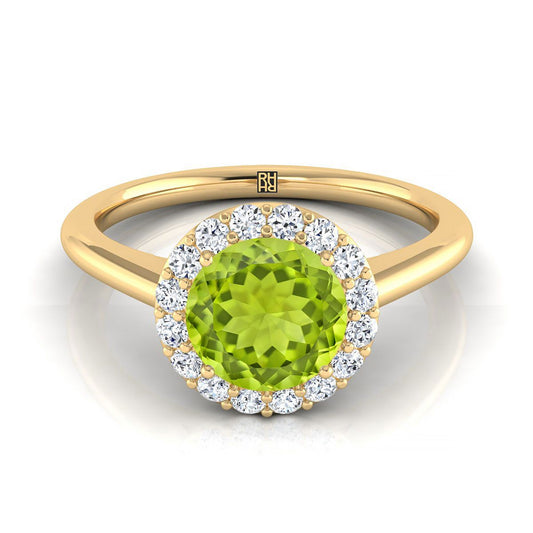 18K Yellow Gold Round Brilliant Peridot Shared Prong Diamond Halo Engagement Ring -1/5ctw
