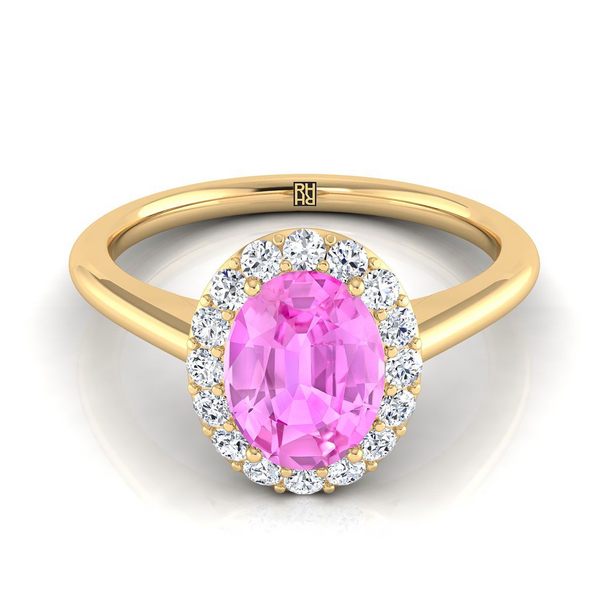 14K Yellow Gold Oval Pink Sapphire Shared Prong Diamond Halo Engagement Ring -1/5ctw