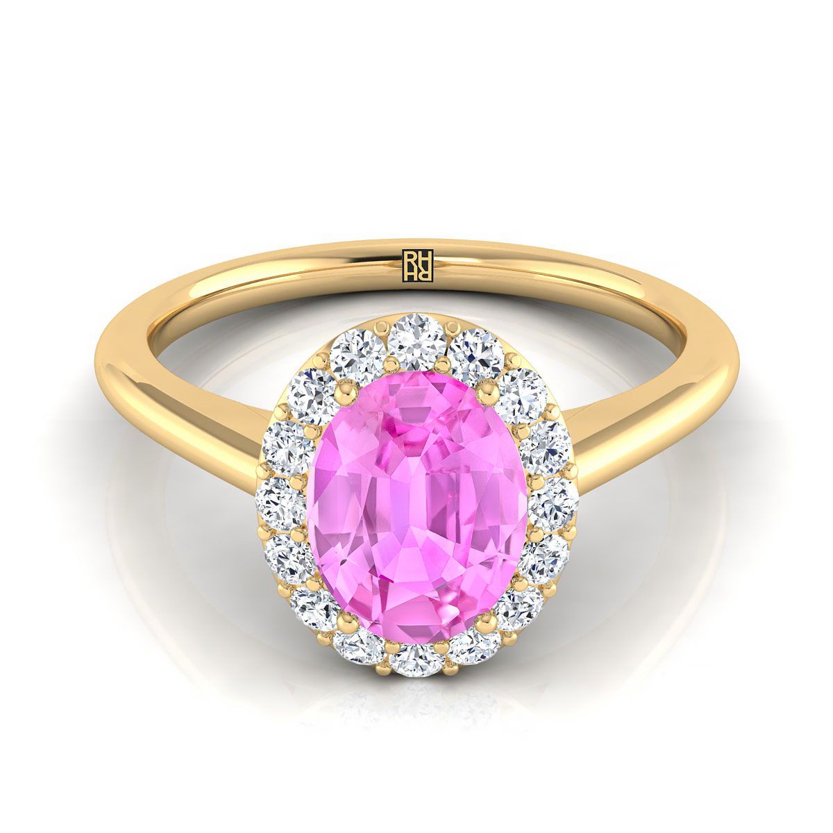 18K Yellow Gold Oval Pink Sapphire Shared Prong Diamond Halo Engagement Ring -1/5ctw