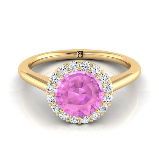 14K Yellow Gold Round Brilliant Pink Sapphire Shared Prong Diamond Halo Engagement Ring -1/5ctw