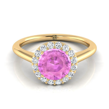 18K Yellow Gold Round Brilliant Pink Sapphire Shared Prong Diamond Halo Engagement Ring -1/5ctw