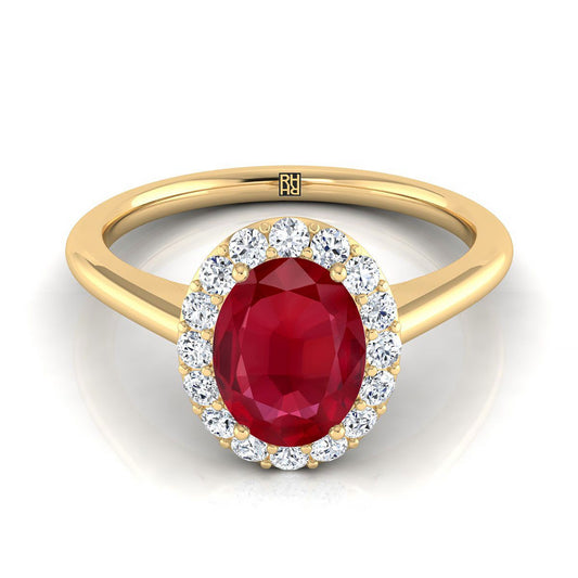 18K Yellow Gold Oval Ruby Shared Prong Diamond Halo Engagement Ring -1/5ctw