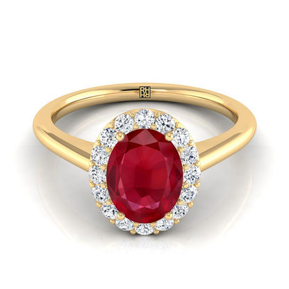 18K Yellow Gold Oval Ruby Shared Prong Diamond Halo Engagement Ring -1/5ctw