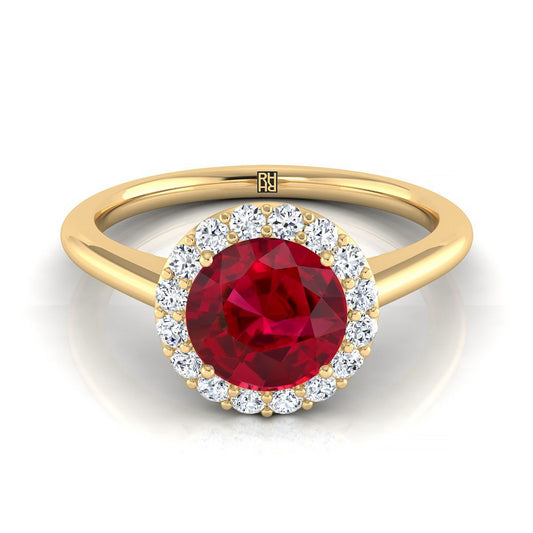 14K Yellow Gold Round Brilliant Ruby Shared Prong Diamond Halo Engagement Ring -1/5ctw