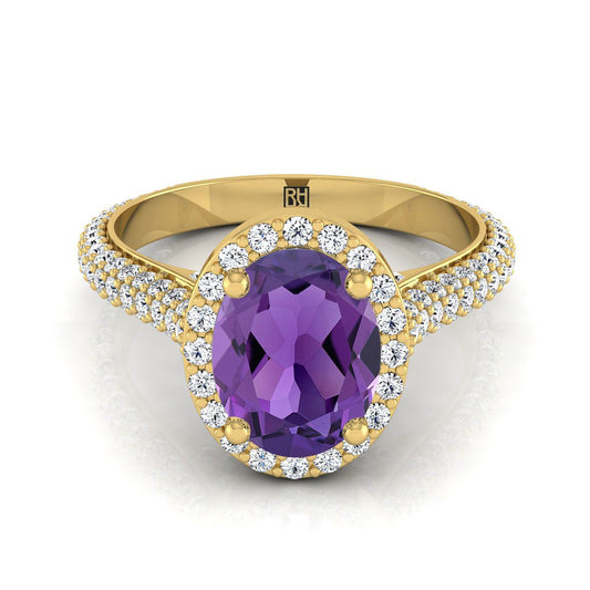 14K Yellow Gold Oval Amethyst Micro-Pavé Halo With Pave Side Diamond Engagement Ring -7/8ctw