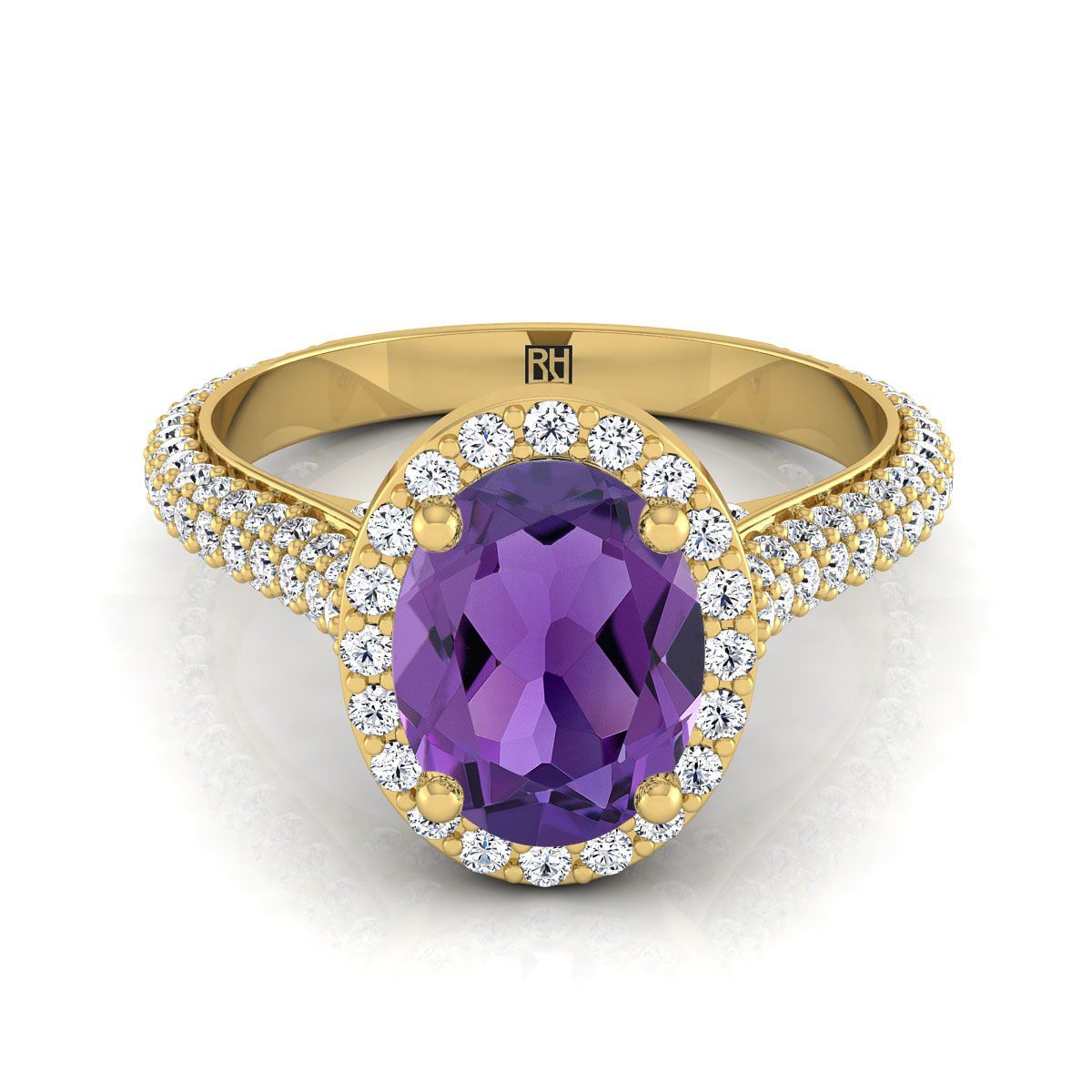 18K Yellow Gold Oval Amethyst Micro-Pavé Halo With Pave Side Diamond Engagement Ring -7/8ctw