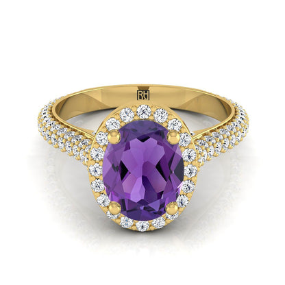 18K Yellow Gold Oval Amethyst Micro-Pavé Halo With Pave Side Diamond Engagement Ring -7/8ctw