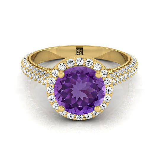 14K Yellow Gold Round Brilliant Amethyst Micro-Pavé Halo With Pave Side Diamond Engagement Ring -7/8ctw