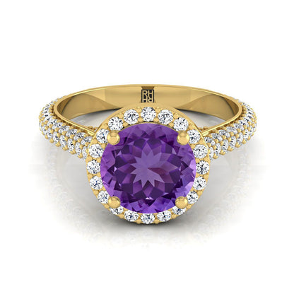 18K Yellow Gold Round Brilliant Amethyst Micro-Pavé Halo With Pave Side Diamond Engagement Ring -7/8ctw