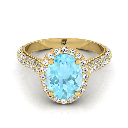 14K Yellow Gold Oval Aquamarine Micro-Pavé Halo With Pave Side Diamond Engagement Ring -7/8ctw