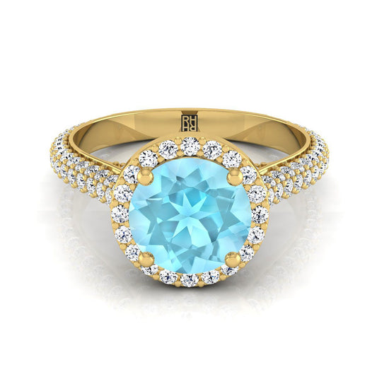 18K Yellow Gold Round Brilliant Aquamarine Micro-Pavé Halo With Pave Side Diamond Engagement Ring -7/8ctw