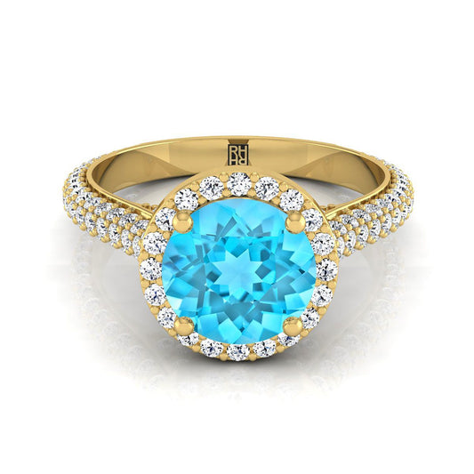 18K Yellow Gold Round Brilliant Swiss Blue Topaz Micro-Pavé Halo With Pave Side Diamond Engagement Ring -7/8ctw