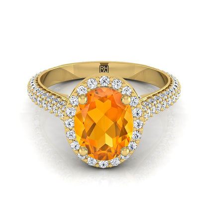 18K Yellow Gold Oval Citrine Micro-Pavé Halo With Pave Side Diamond Engagement Ring -7/8ctw