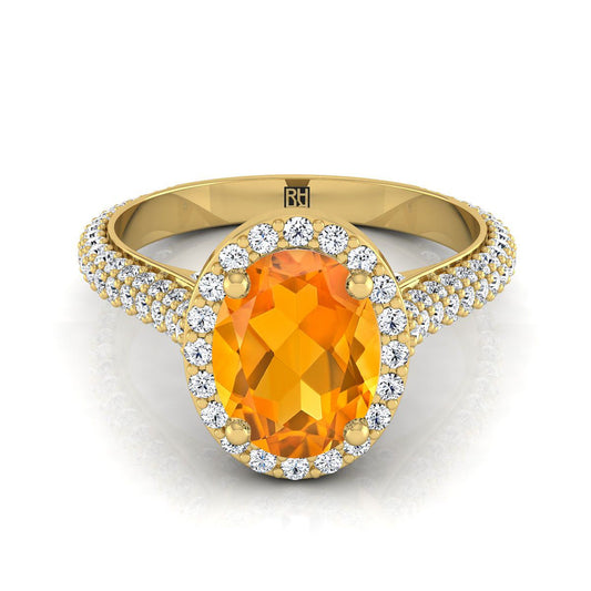 18K Yellow Gold Oval Citrine Micro-Pavé Halo With Pave Side Diamond Engagement Ring -7/8ctw