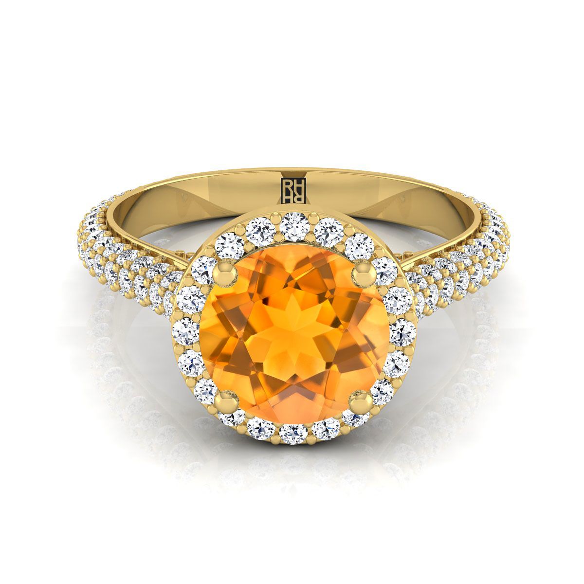 18K Yellow Gold Round Brilliant Citrine Micro-Pavé Halo With Pave Side Diamond Engagement Ring -7/8ctw