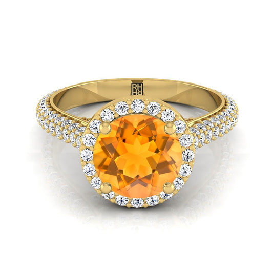 14K Yellow Gold Round Brilliant Citrine Micro-Pavé Halo With Pave Side Diamond Engagement Ring -7/8ctw
