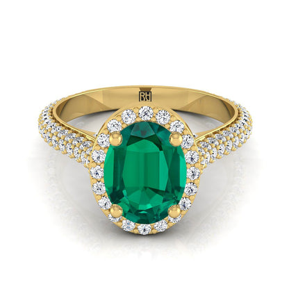 14K Yellow Gold Oval Emerald Micro-Pavé Halo With Pave Side Diamond Engagement Ring -7/8ctw