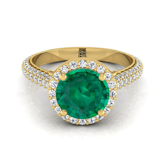 18K Yellow Gold Round Brilliant Emerald Micro-Pavé Halo With Pave Side Diamond Engagement Ring -7/8ctw