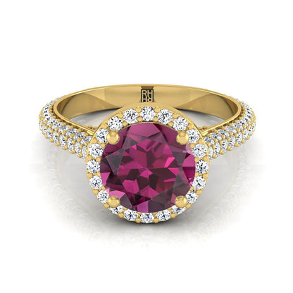 14K Yellow Gold Round Brilliant Garnet Micro-Pavé Halo With Pave Side Diamond Engagement Ring -7/8ctw