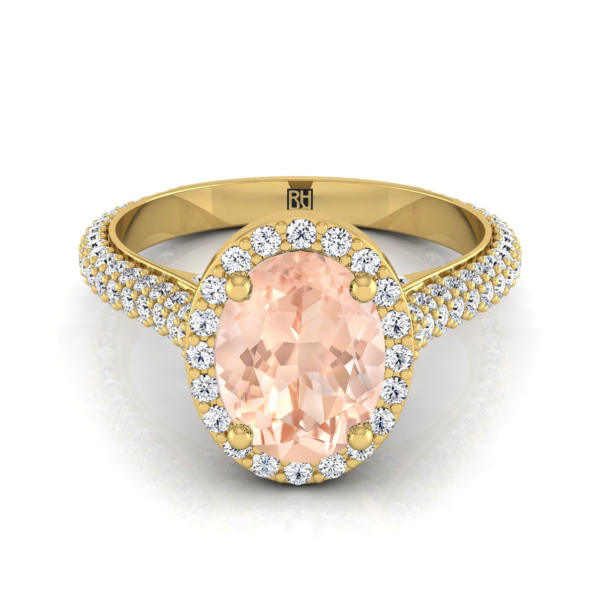14K Yellow Gold Oval Morganite Micro-Pavé Halo With Pave Side Diamond Engagement Ring -7/8ctw