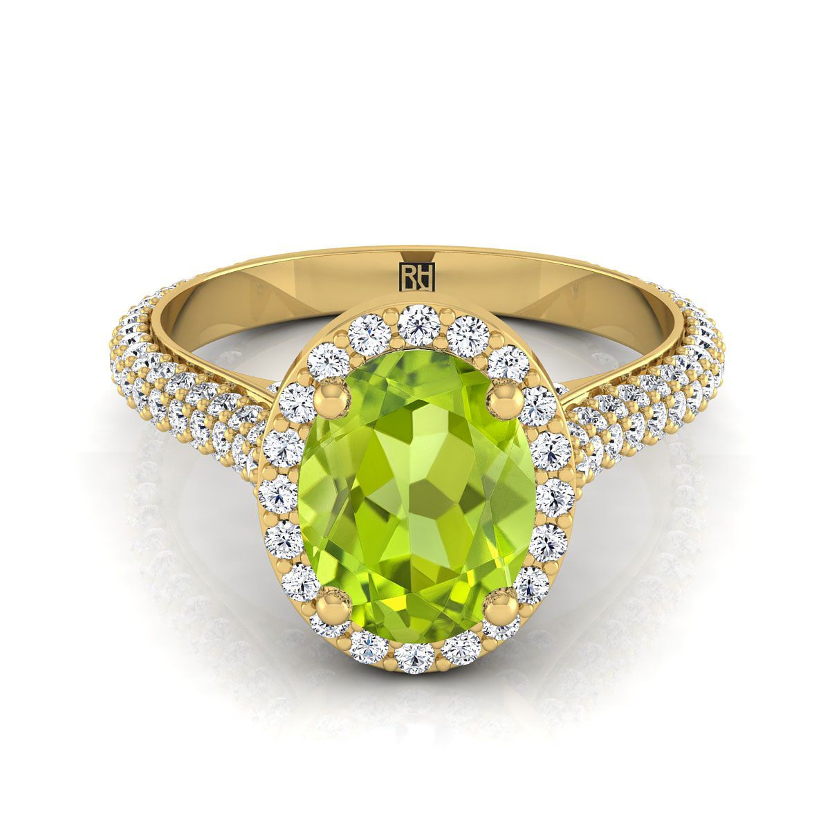 14K Yellow Gold Oval Peridot Micro-Pavé Halo With Pave Side Diamond Engagement Ring -7/8ctw