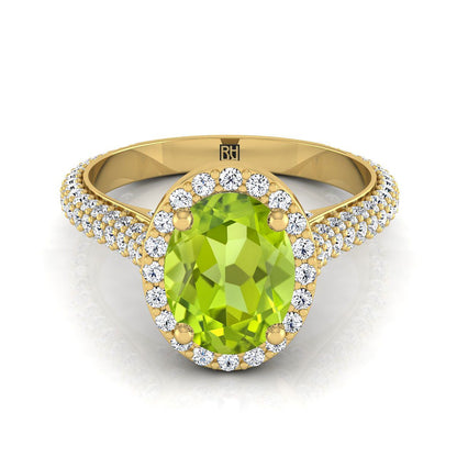 14K Yellow Gold Oval Peridot Micro-Pavé Halo With Pave Side Diamond Engagement Ring -7/8ctw