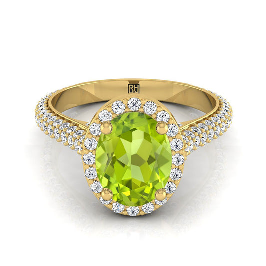 18K Yellow Gold Oval Peridot Micro-Pavé Halo With Pave Side Diamond Engagement Ring -7/8ctw