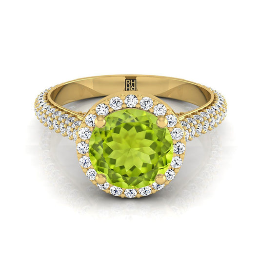 14K Yellow Gold Round Brilliant Peridot Micro-Pavé Halo With Pave Side Diamond Engagement Ring -7/8ctw