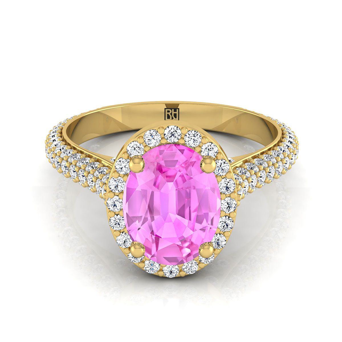 18K Yellow Gold Oval Pink Sapphire Micro-Pavé Halo With Pave Side Diamond Engagement Ring -7/8ctw