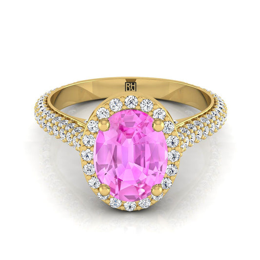 18K Yellow Gold Oval Pink Sapphire Micro-Pavé Halo With Pave Side Diamond Engagement Ring -7/8ctw