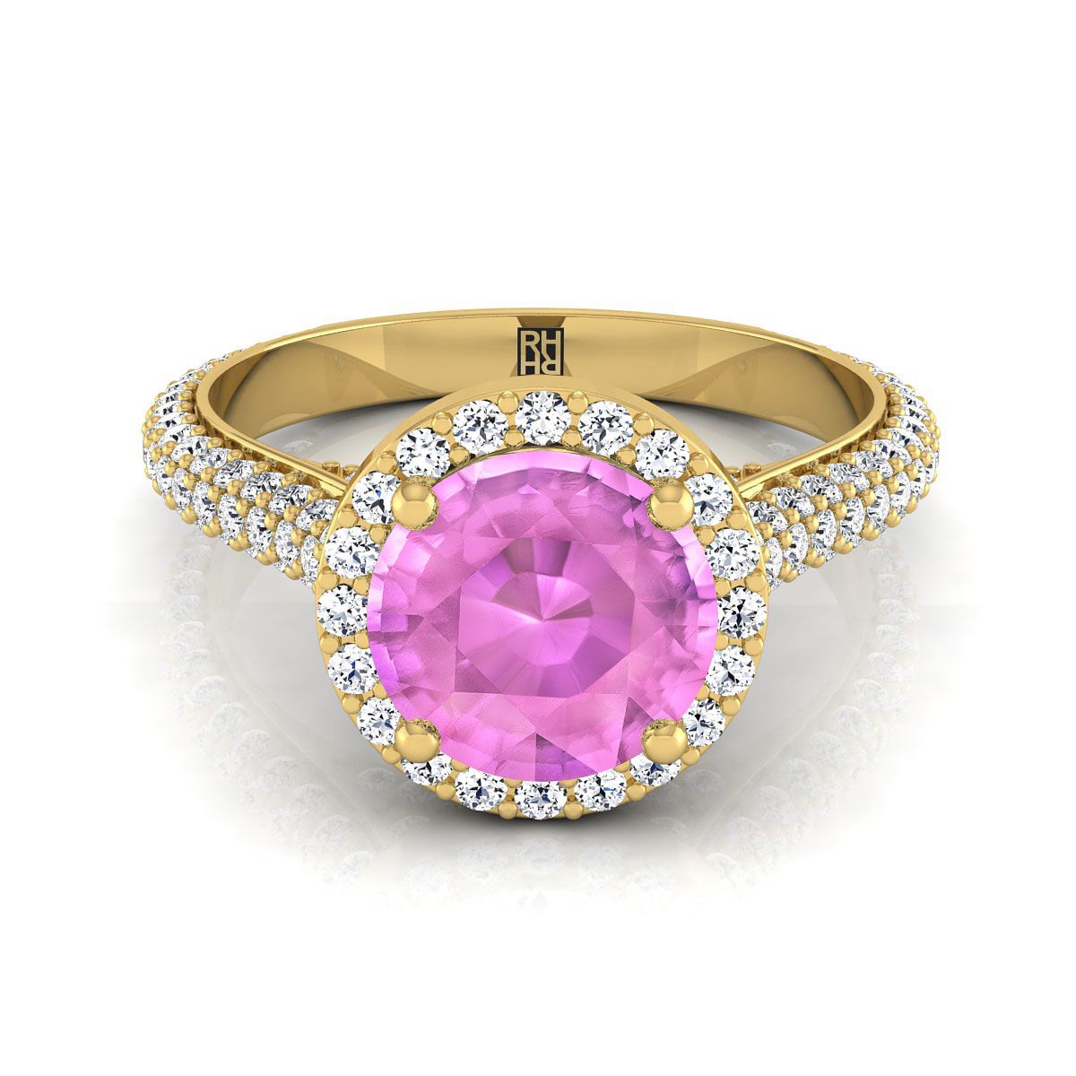 14K Yellow Gold Round Brilliant Pink Sapphire Micro-Pavé Halo With Pave Side Diamond Engagement Ring -7/8ctw
