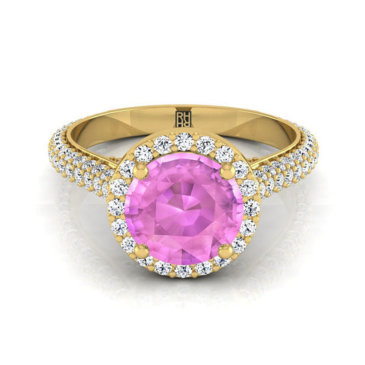 18K Yellow Gold Round Brilliant Pink Sapphire Micro-Pavé Halo With Pave Side Diamond Engagement Ring -7/8ctw
