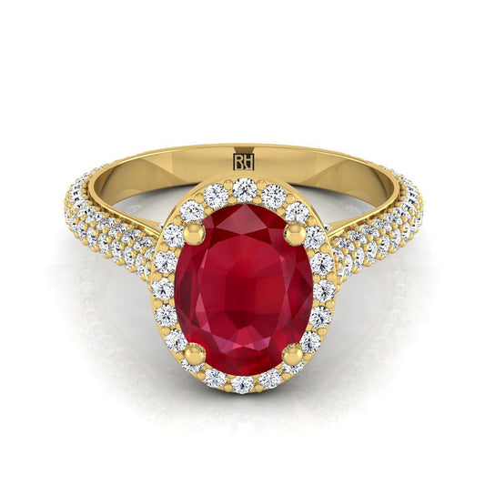 18K Yellow Gold Oval Ruby Micro-Pavé Halo With Pave Side Diamond Engagement Ring -7/8ctw