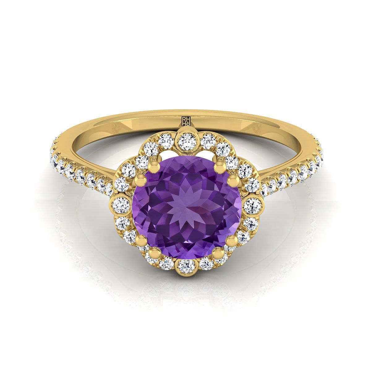 14K Yellow Gold Round Brilliant Antique Delicate Beaded Floral Halo and Leaf Engagement Ring -1/2ctw