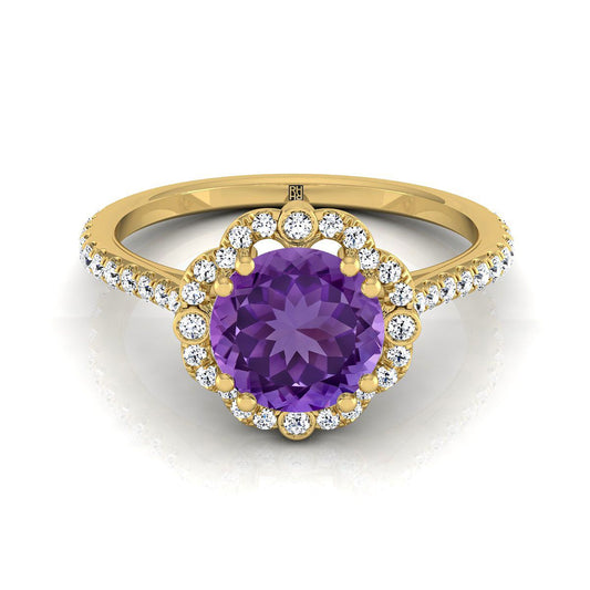 18K Yellow Gold Round Brilliant Antique Delicate Beaded Floral Halo and Leaf Engagement Ring -3/8ctw