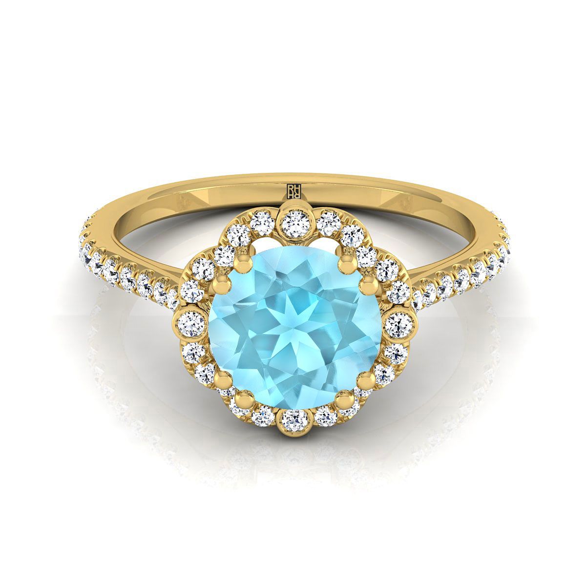 14K Yellow Gold Round Brilliant Aquamarine Ornate Diamond Halo Vintage Inspired Engagement Ring -1/4ctw