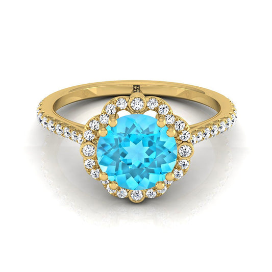 18K Yellow Gold Round Brilliant Swiss Blue Topaz Ornate Diamond Halo Vintage Inspired Engagement Ring -1/4ctw