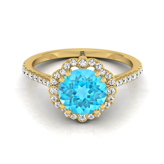 14K Yellow Gold Round Brilliant Swiss Blue Topaz Ornate Diamond Halo Vintage Inspired Engagement Ring -1/4ctw