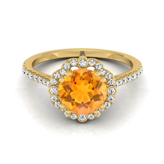 18K Yellow Gold Round Brilliant Citrine Ornate Diamond Halo Vintage Inspired Engagement Ring -1/4ctw
