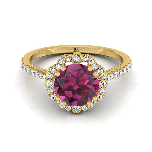 14K Yellow Gold Round Brilliant Garnet Ornate Diamond Halo Vintage Inspired Engagement Ring -1/4ctw