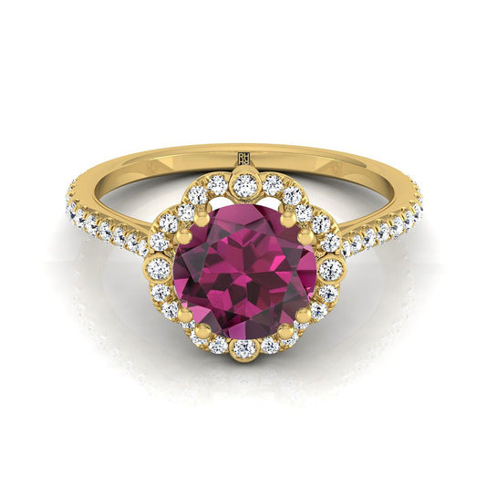 18K Yellow Gold Round Brilliant Garnet Ornate Diamond Halo Vintage Inspired Engagement Ring -1/4ctw