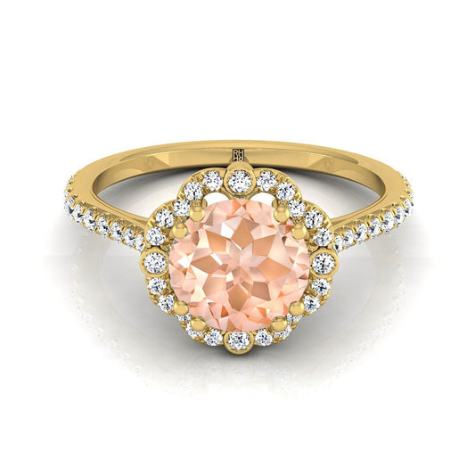 18K Yellow Gold Round Brilliant Morganite Ornate Diamond Halo Vintage Inspired Engagement Ring -1/4ctw