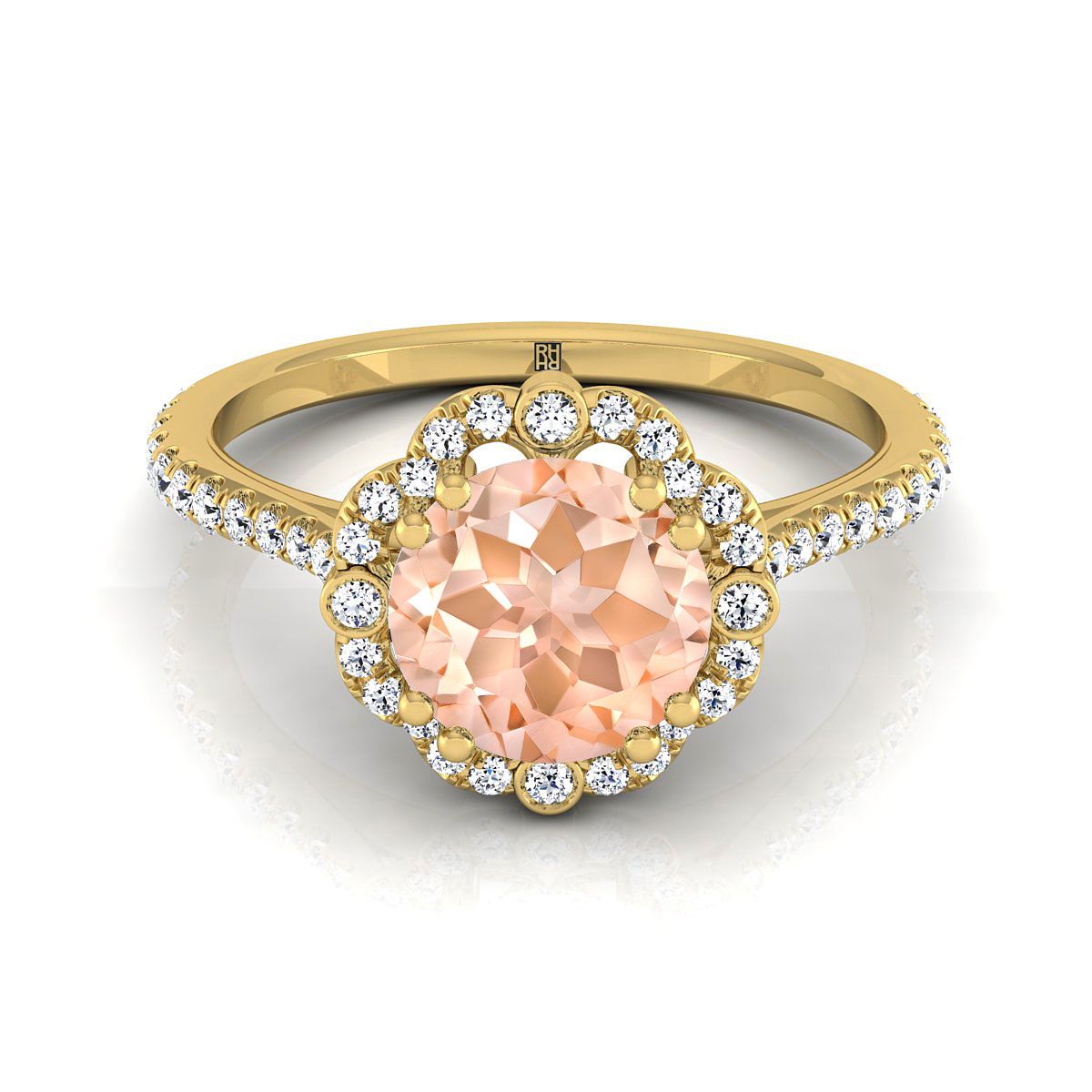 14K Yellow Gold Round Brilliant Morganite Ornate Diamond Halo Vintage Inspired Engagement Ring -1/4ctw
