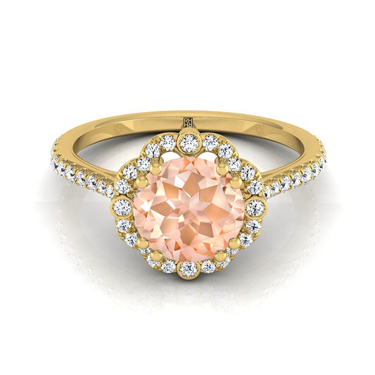 14K Yellow Gold Round Brilliant Morganite Ornate Diamond Halo Vintage Inspired Engagement Ring -1/4ctw