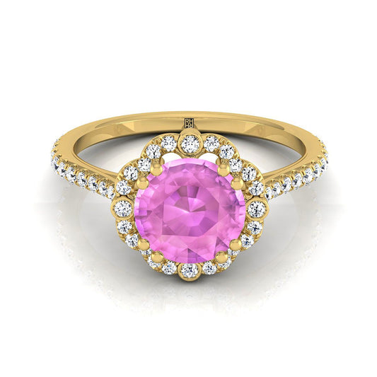 14K Yellow Gold Round Brilliant Pink Sapphire Ornate Diamond Halo Vintage Inspired Engagement Ring -1/4ctw