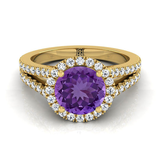 14K Yellow Gold Round Brilliant Amethyst Halo Center with French Pave Split Shank Engagement Ring -3/8ctw