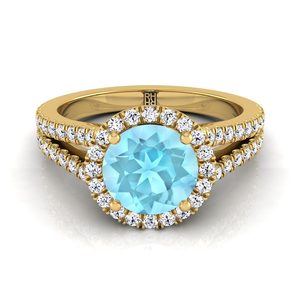 14K Yellow Gold Round Brilliant Aquamarine Halo Center with French Pave Split Shank Engagement Ring -3/8ctw