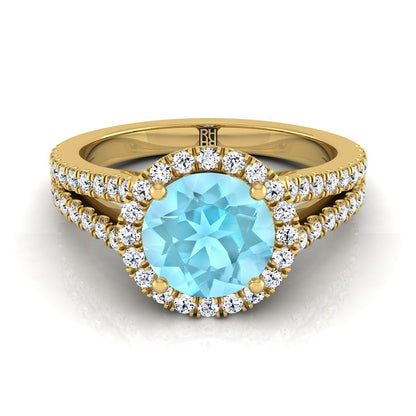 14K Yellow Gold Round Brilliant Aquamarine Halo Center with French Pave Split Shank Engagement Ring -3/8ctw
